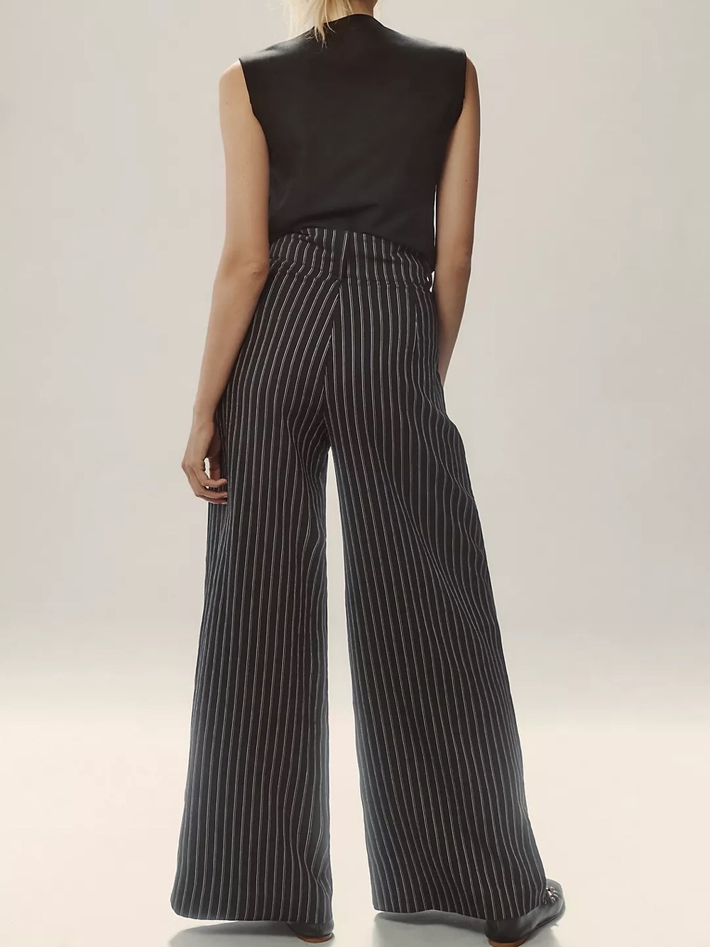 By Anthropologie Pinstripe Wide Leg Trousers Pants High Rise Black Size 14 - Picture 3 of 13